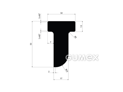 Pryžový profil pro vodní díla tvaru "T", 53x32/17mm, 70°ShA, EPDM, -40°C/+100°C, černý